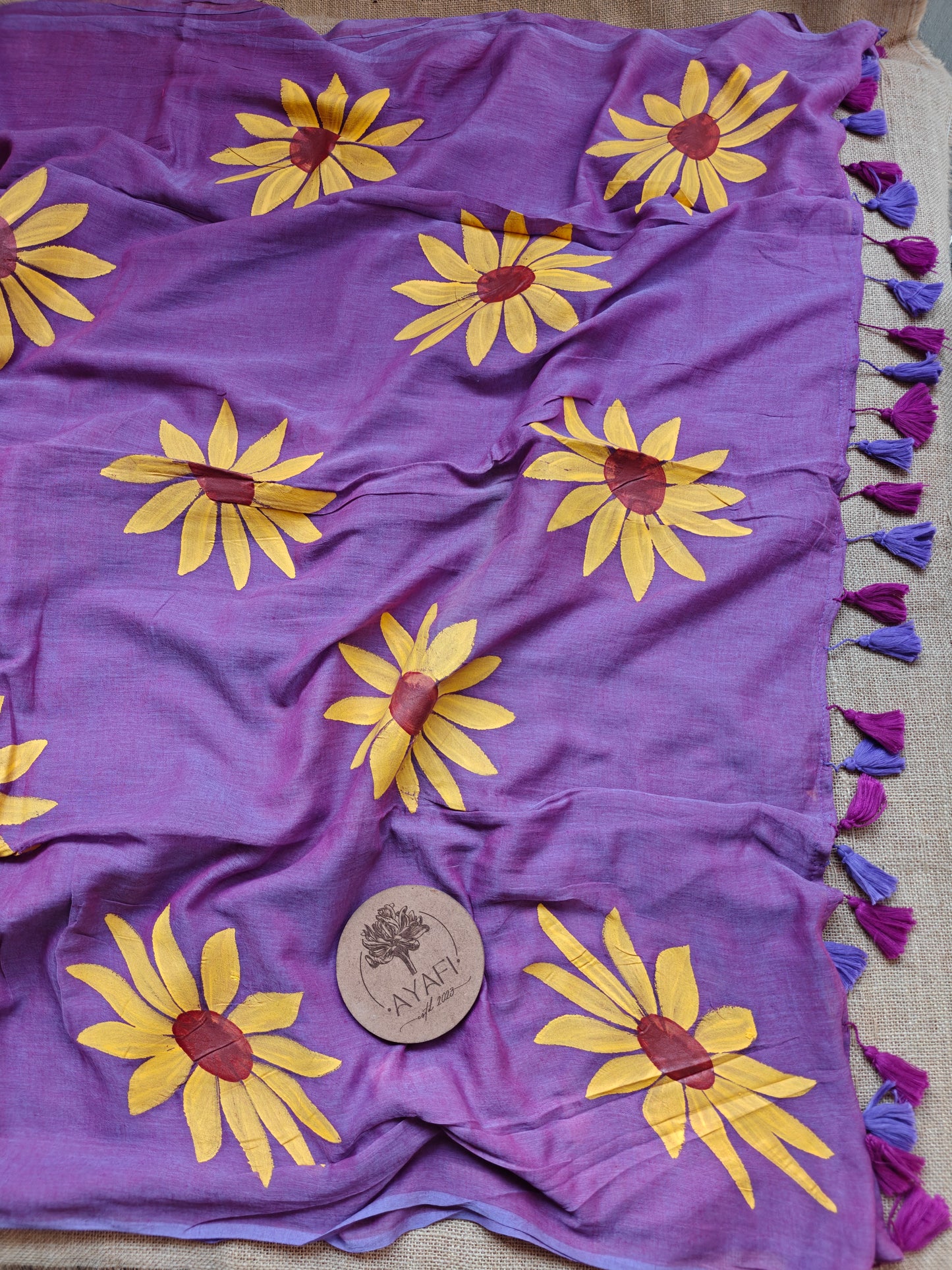 Blush Violet Sunflower Hand-Painted Saree