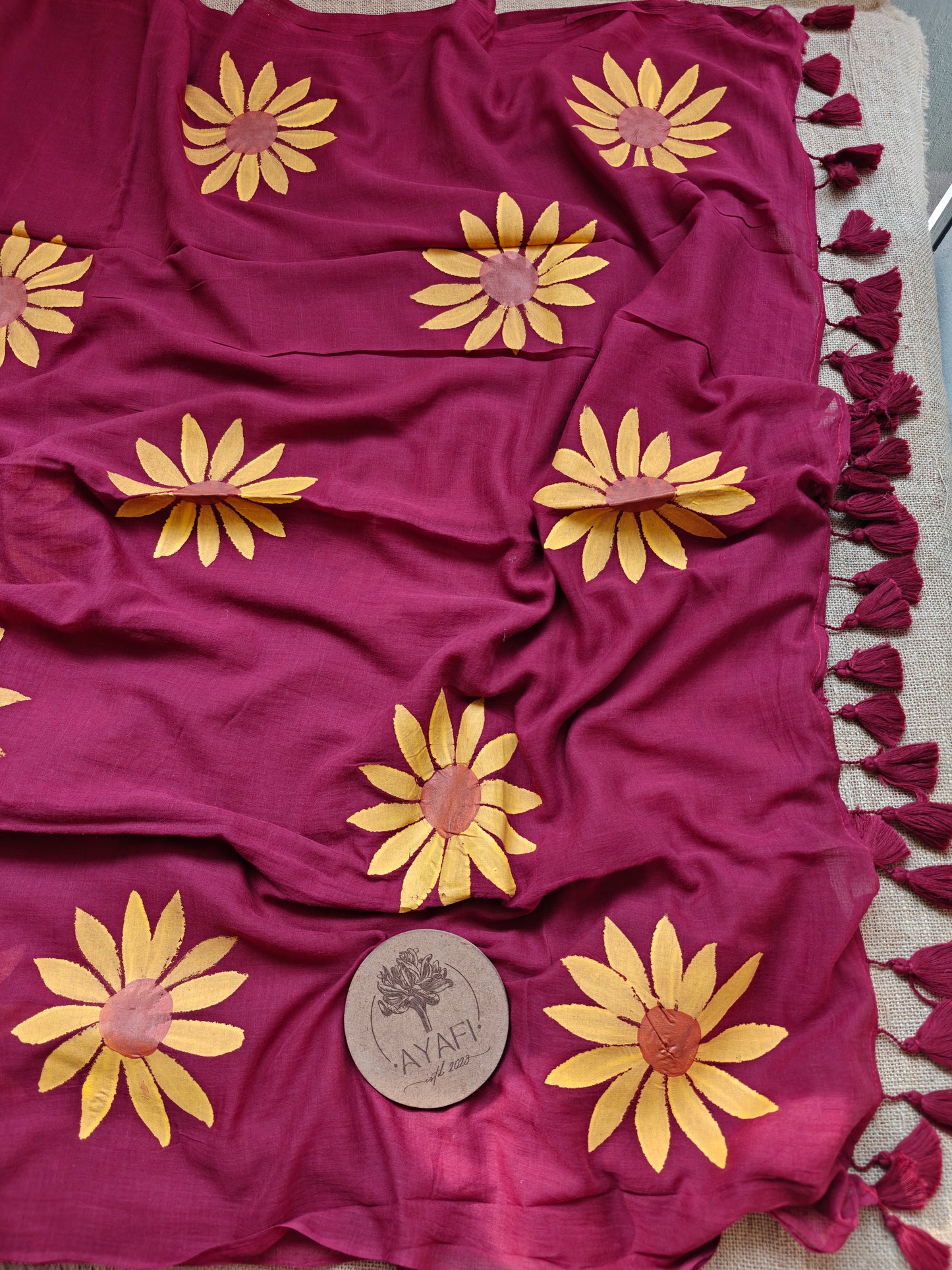 Carmine Sunflower Hand-Painted Saree