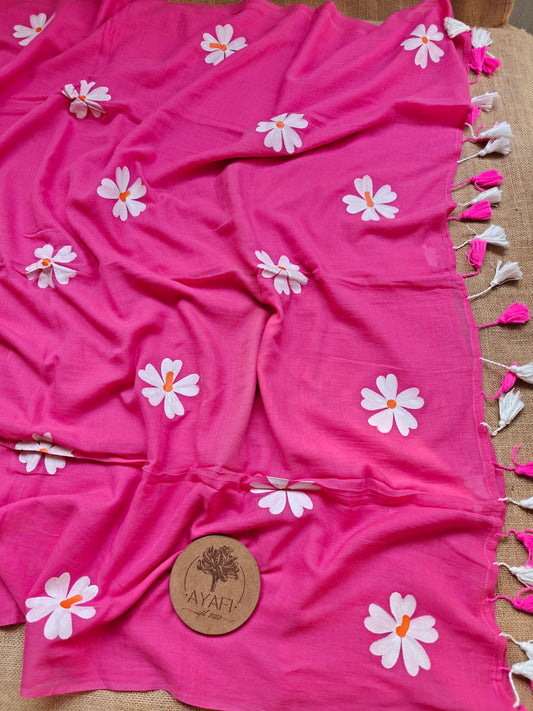 Bright Pink Jasmine Hand-Painted Saree