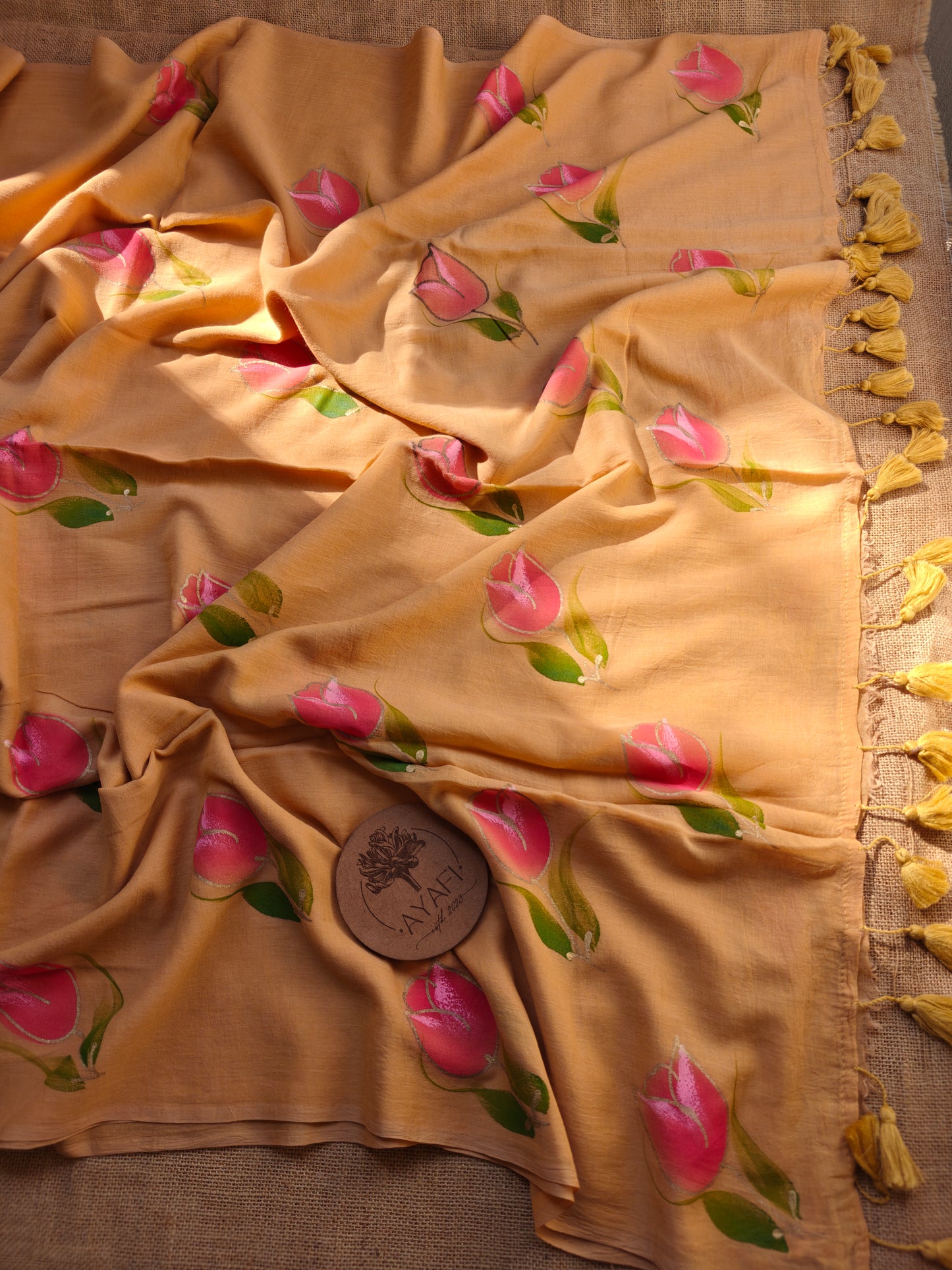 Apricot Blue Tulip Hand-Painted Saree