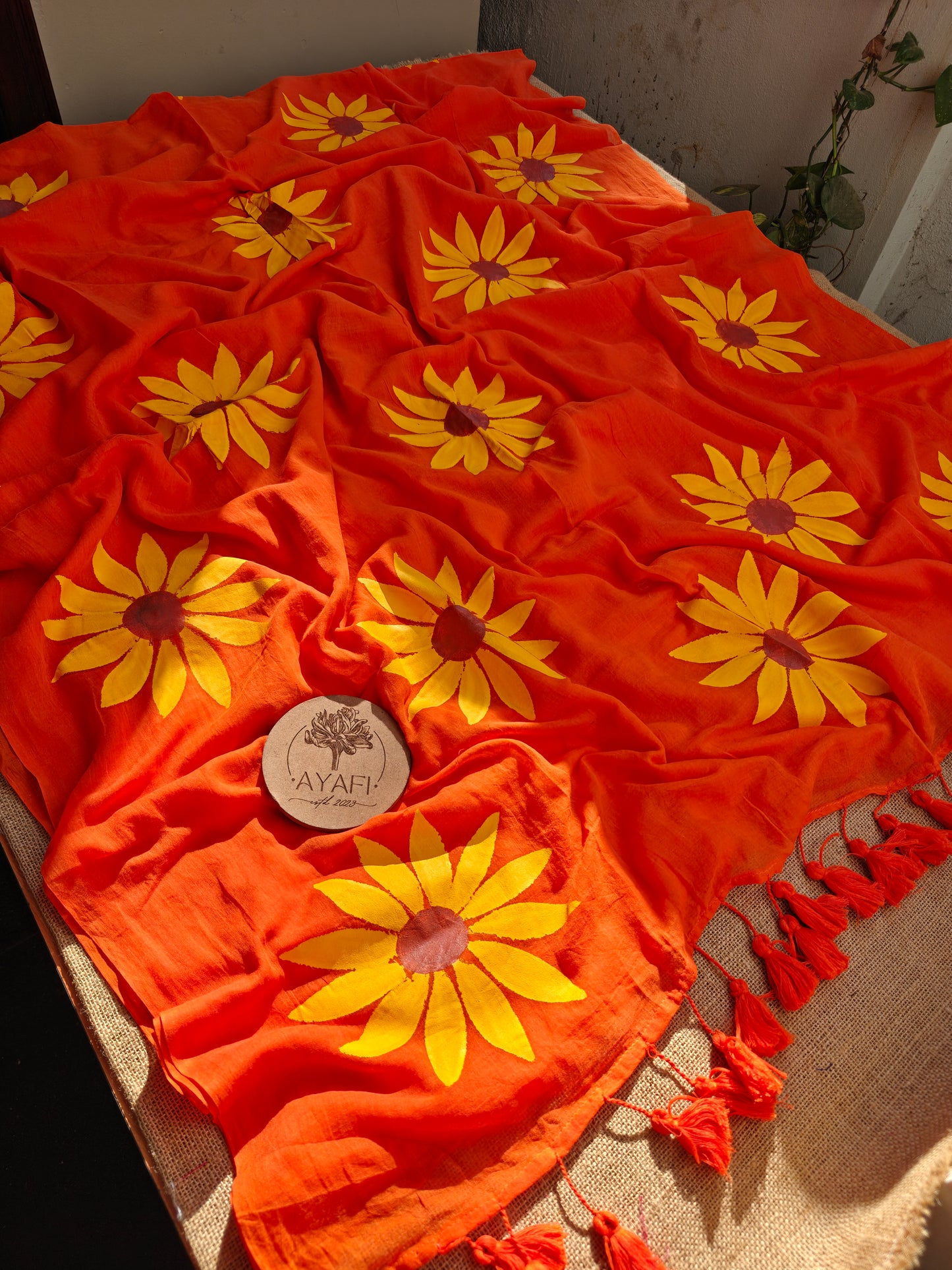 Orange Sunflower Hand-Painted Saree