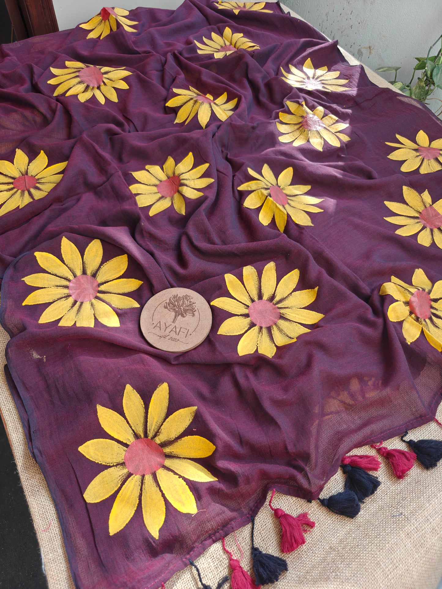 Bordeaux Sunflower Hand-Painted Saree