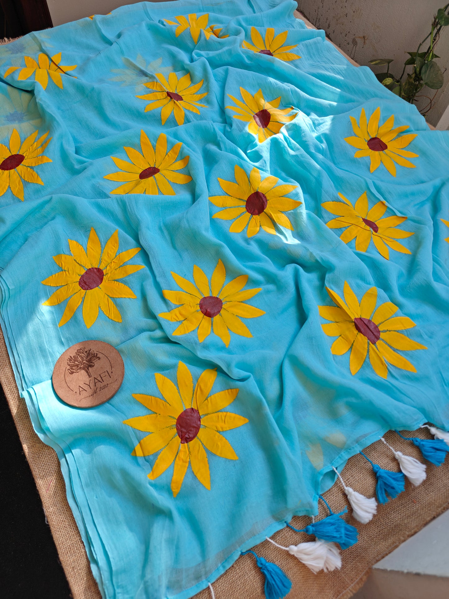 Bright Blue Sunflower Hand-Painted Saree