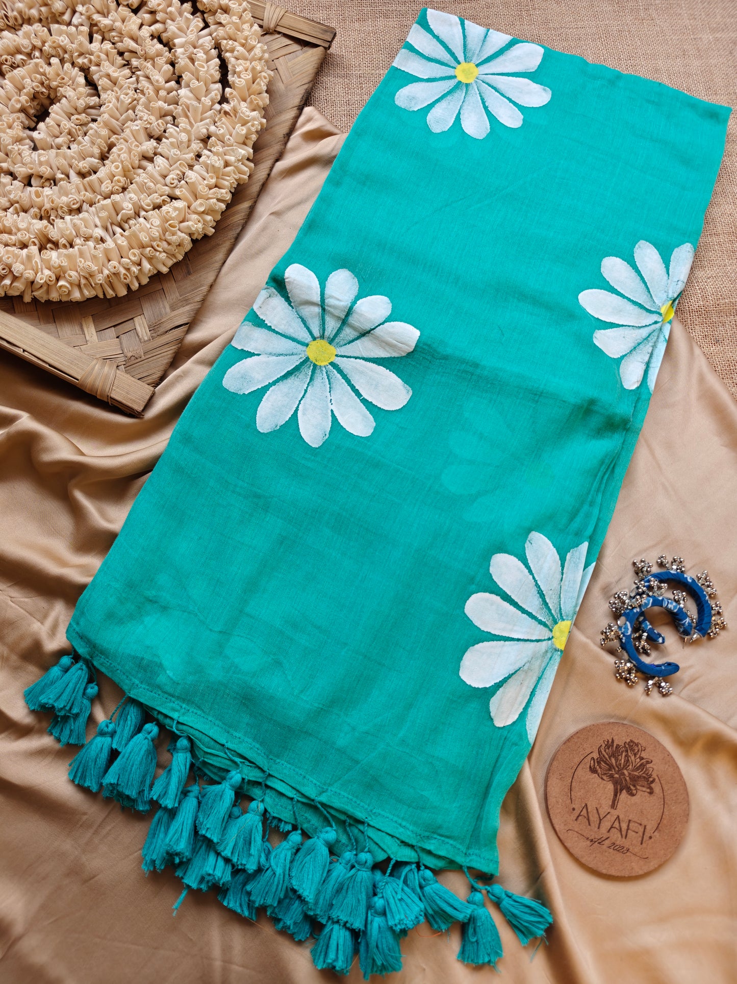 Cyan Daisy Hand-Painted Saree