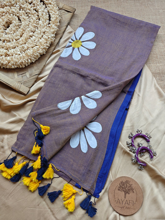 Smoky Blue Daisy Hand-Painted Saree