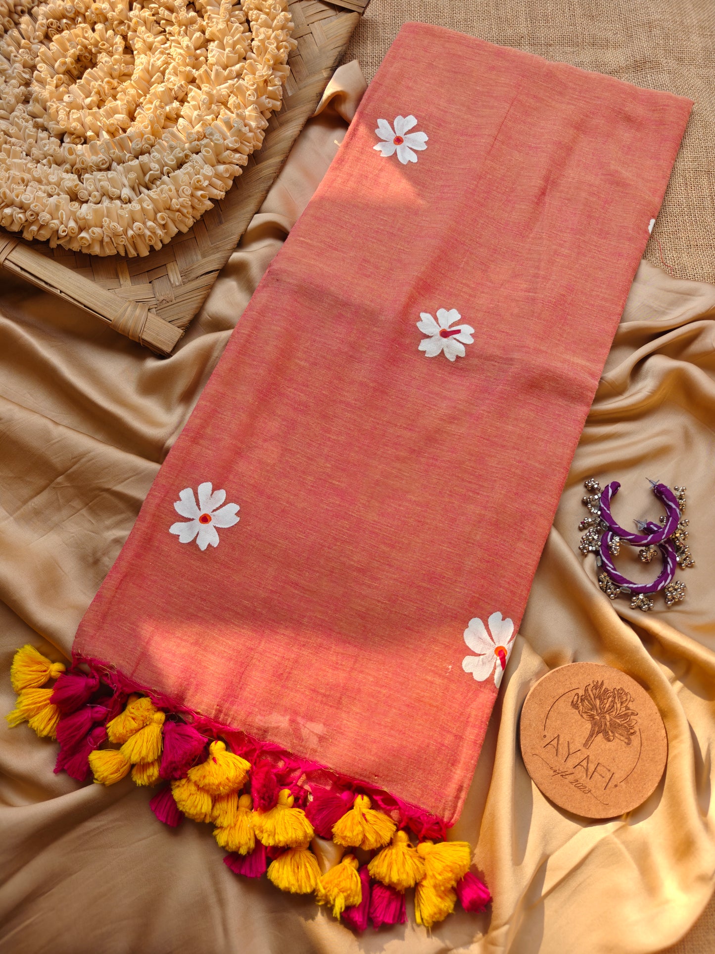 Melon Jasmine Hand-Painted Saree