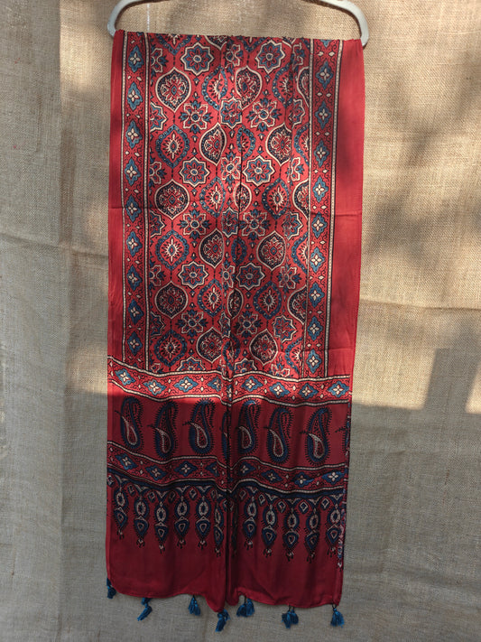 Red Handblock Printed Modal Ajrakh Stole