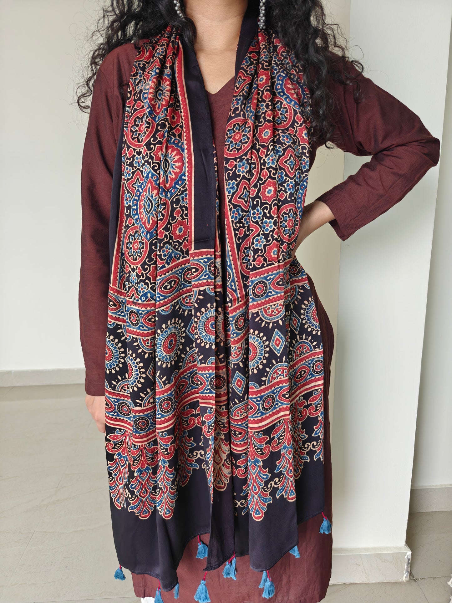 Black Handblock Printed Modal Ajrakh Stole