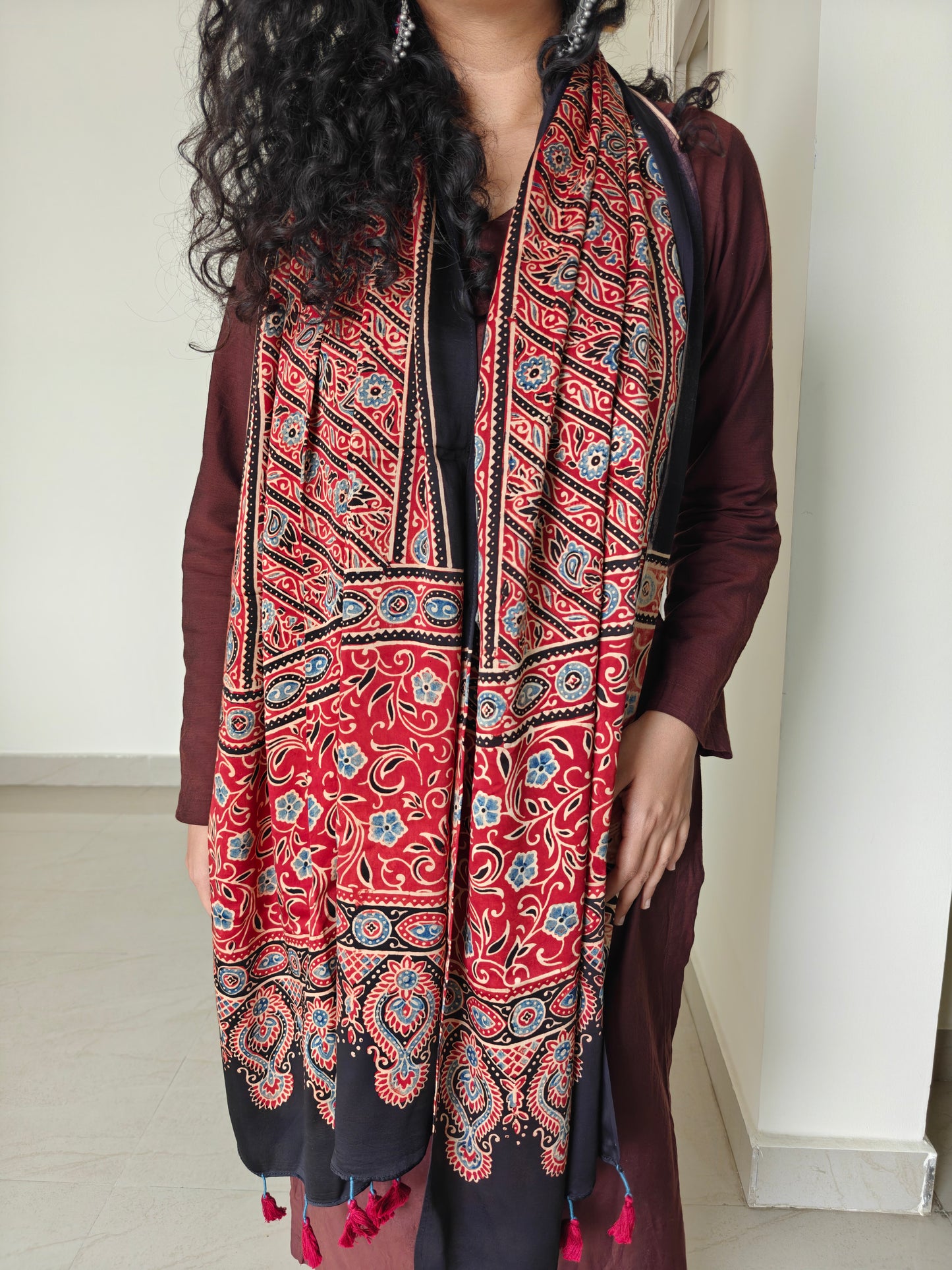 Red Handblock Printed Modal Ajrakh Stole