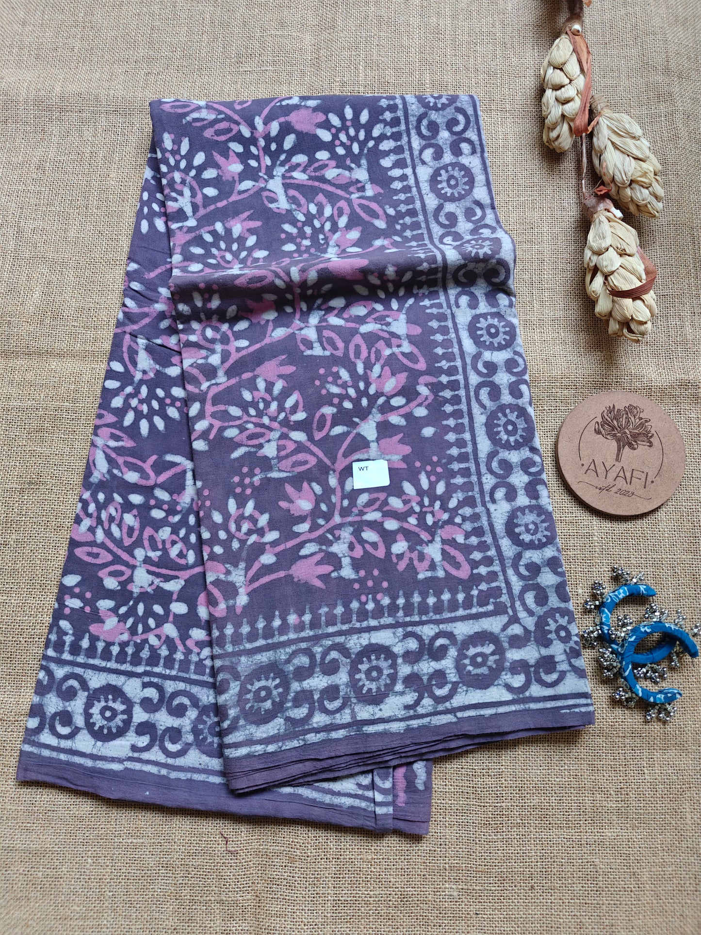 Mauve Dabu Hand Block Printed Mul Cotton Saree