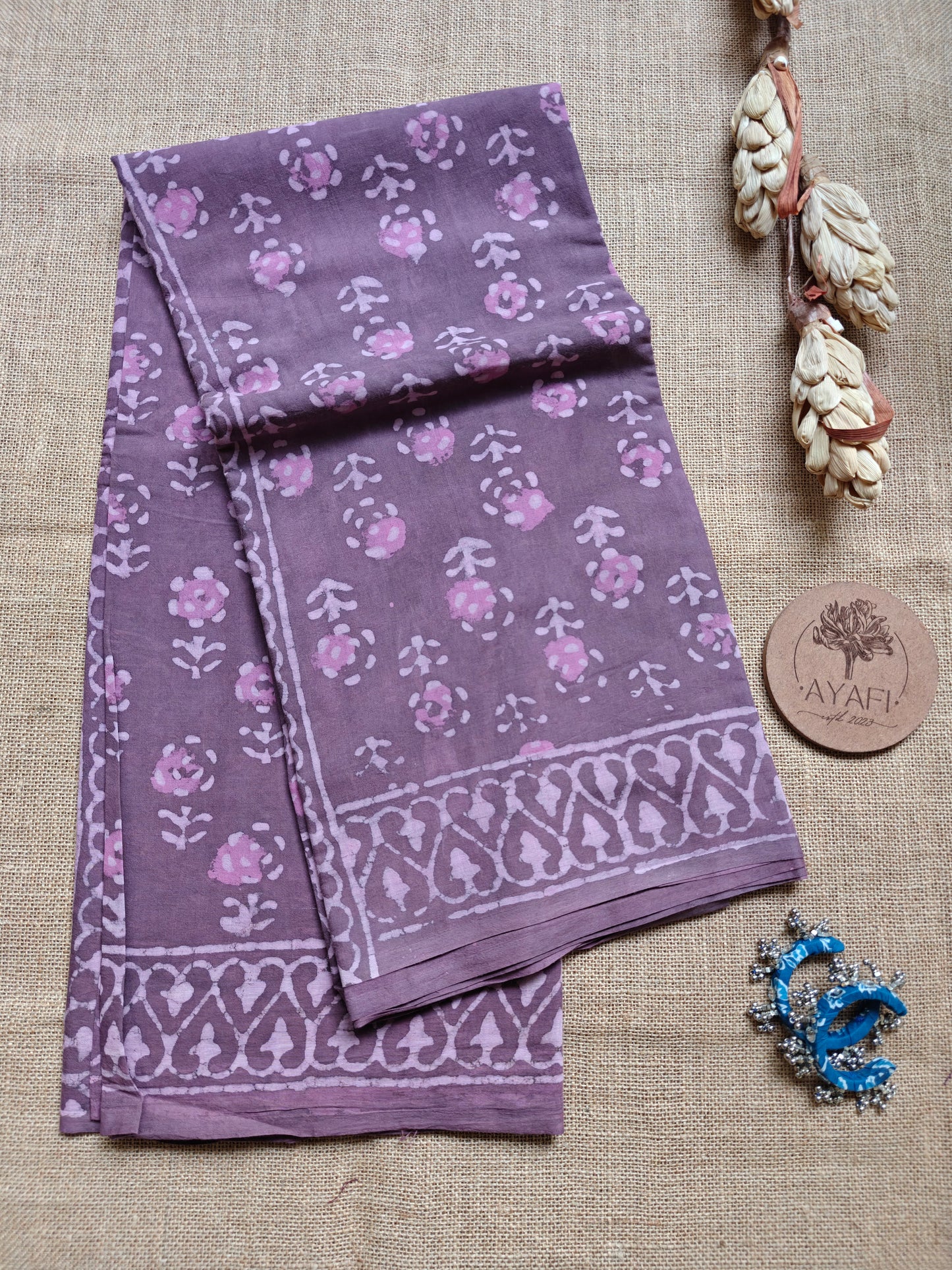Mauve Dabu Hand Block Printed Mul Cotton Saree