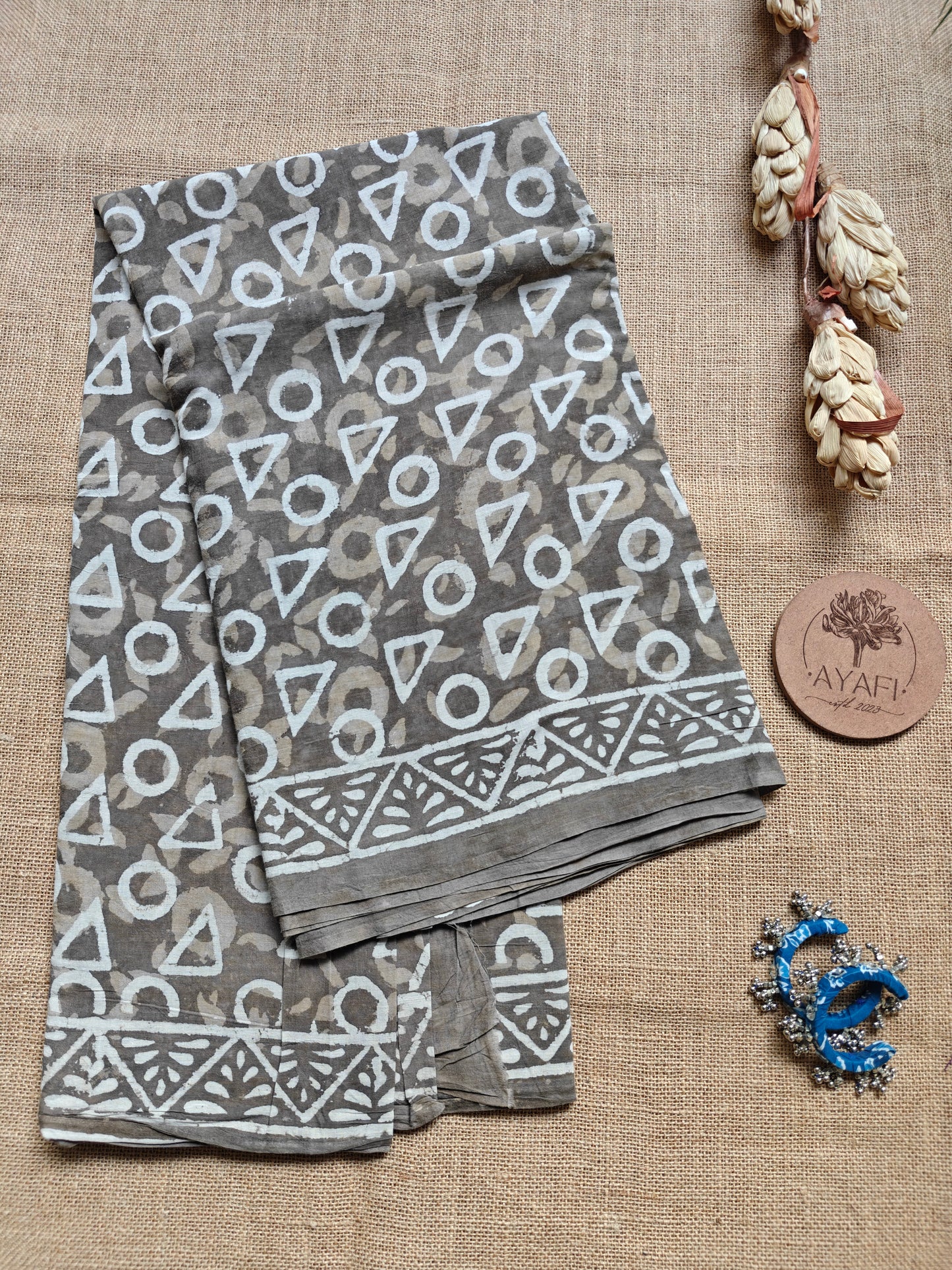 Gray Dabu Hand Block Printed Mul Cotton Saree