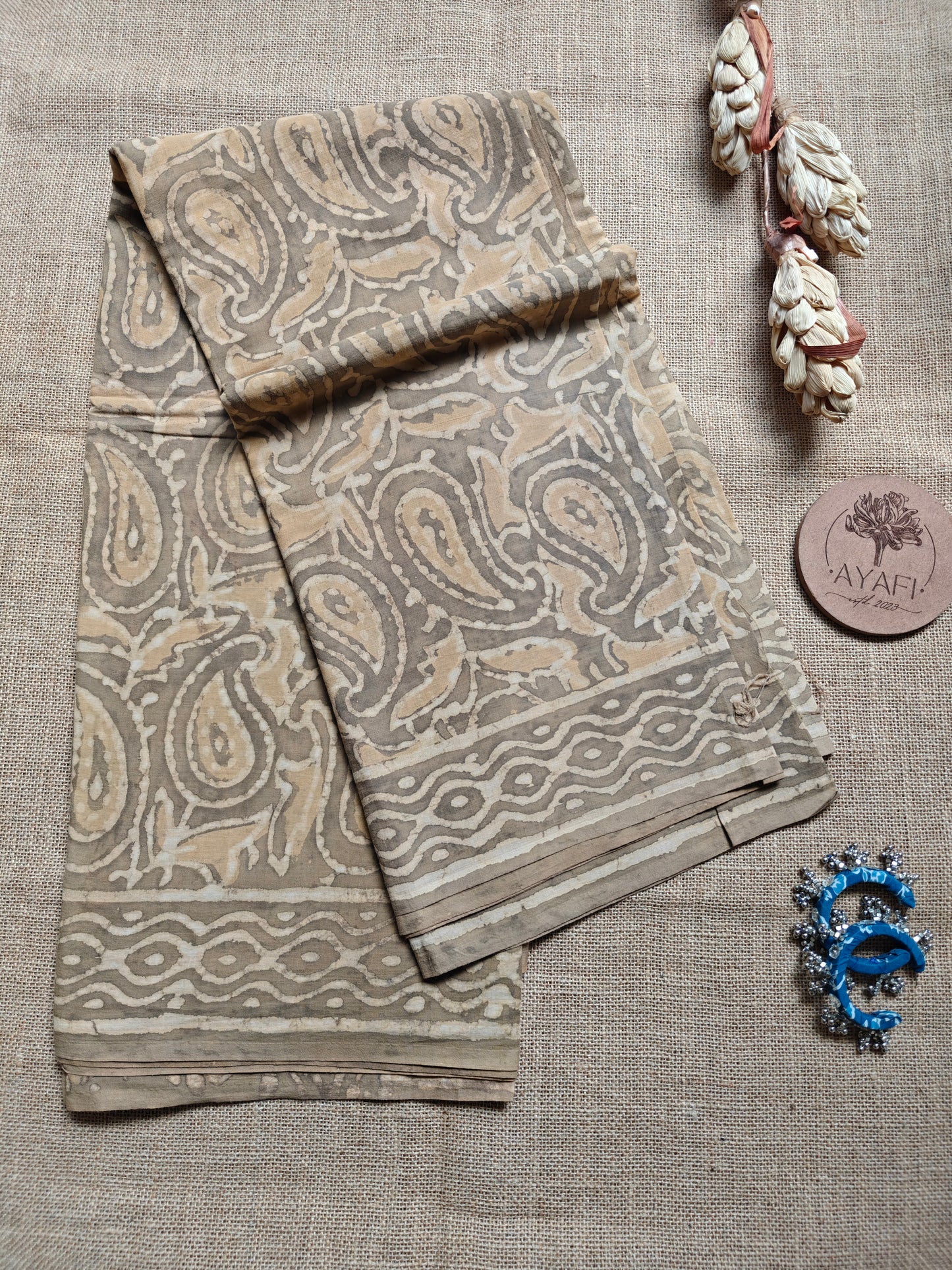 Dark Beige Dabu Hand Block Printed Mul Cotton Saree