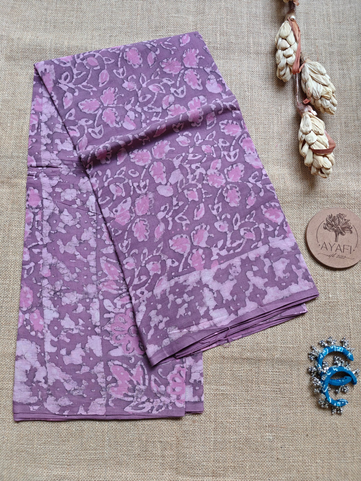 Mauve Dabu Hand Block Printed Mul Cotton Saree