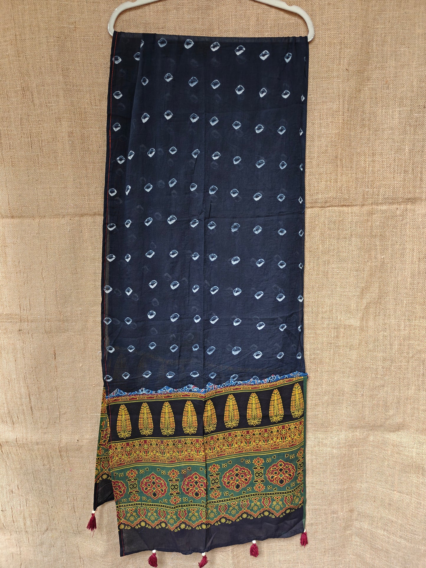 Black Bandhani-Ajrakh Printed Cotton Stole