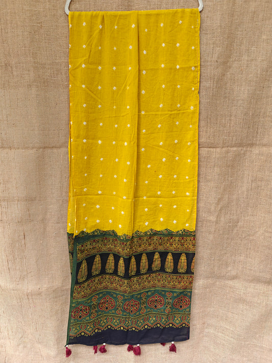 Yellow Bandhani-Ajrakh Printed Cotton Stole