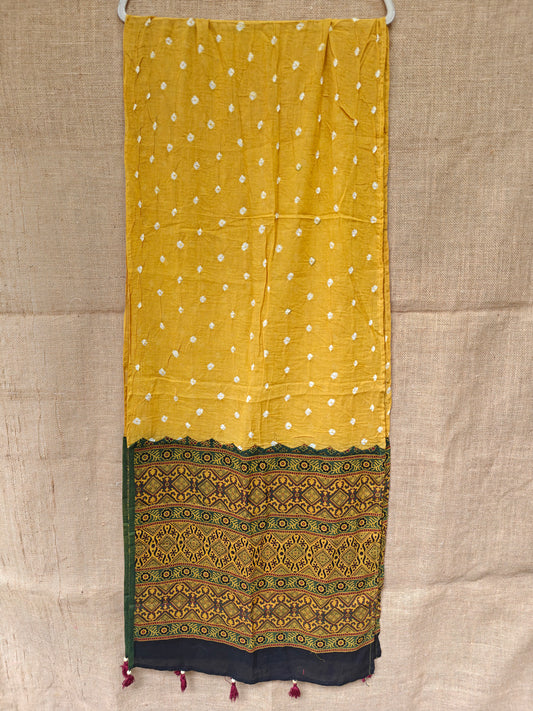 Yellow Bandhani-Ajrakh Printed Cotton Stole