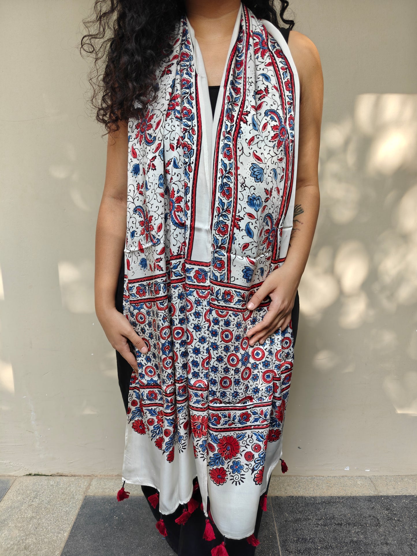 White Handblock Printed Modal Ajrakh Stole