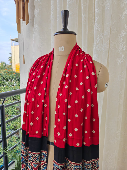 Red-Black Handblock Printed Modal Bandhani-Ajrakh Stole