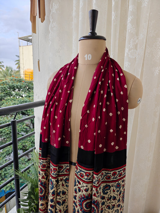 Maroon-Beige Handblock Printed Modal Bandhani-Ajrakh Stole