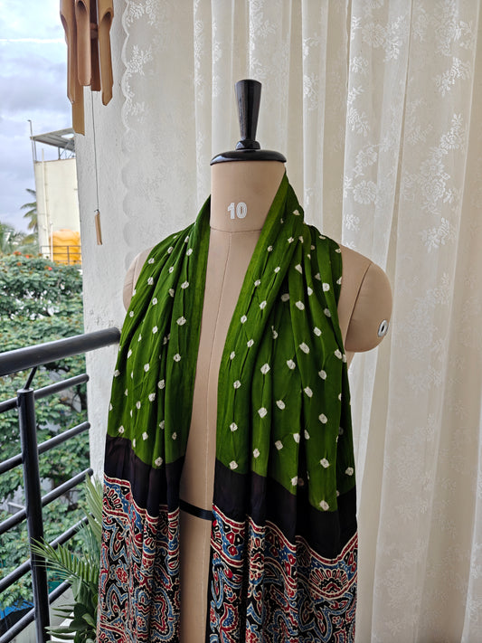 Green-Black Handblock Printed Modal Bandhani-Ajrakh Stole