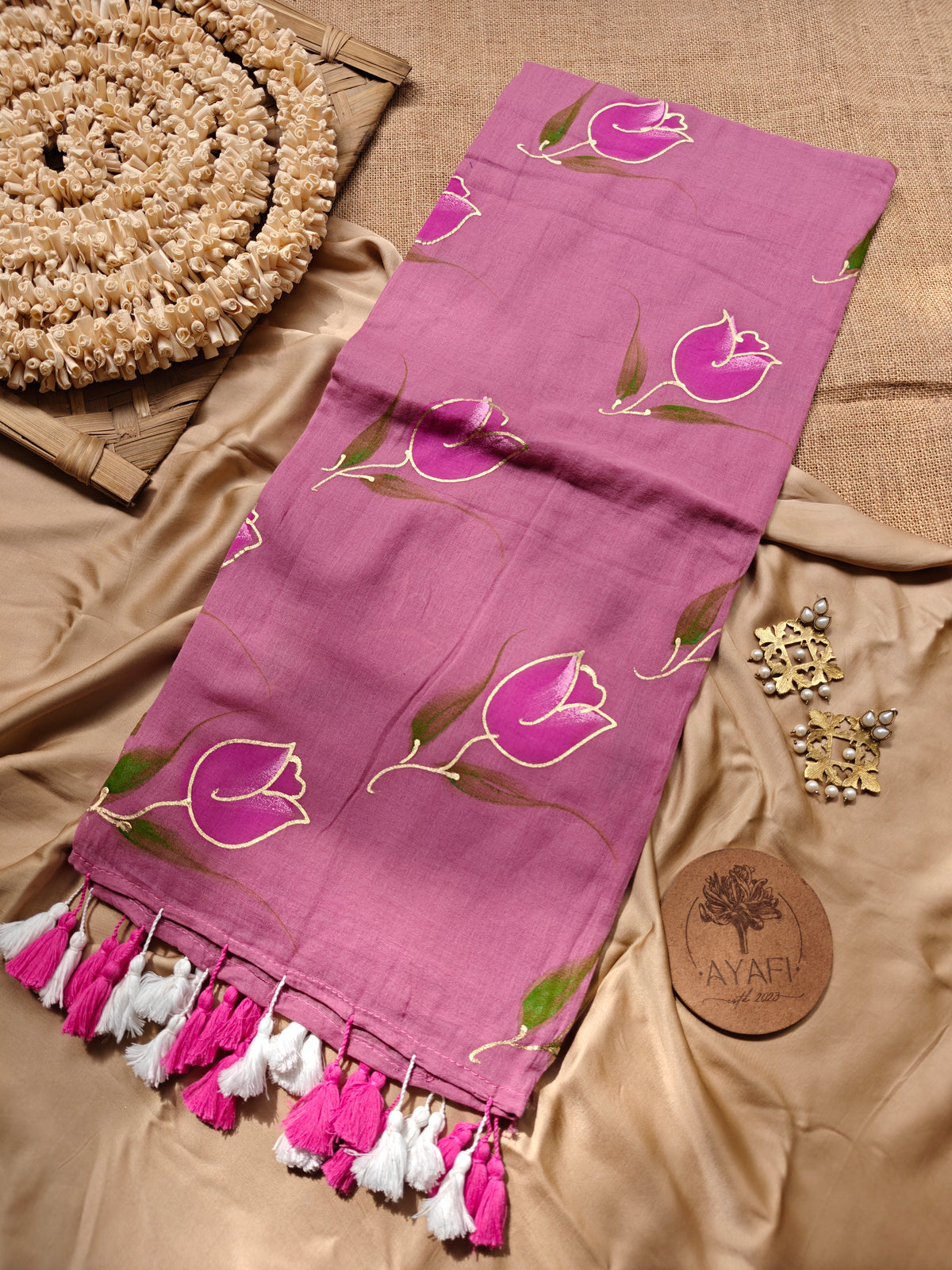 Mauve Tulip Hand-Painted Saree