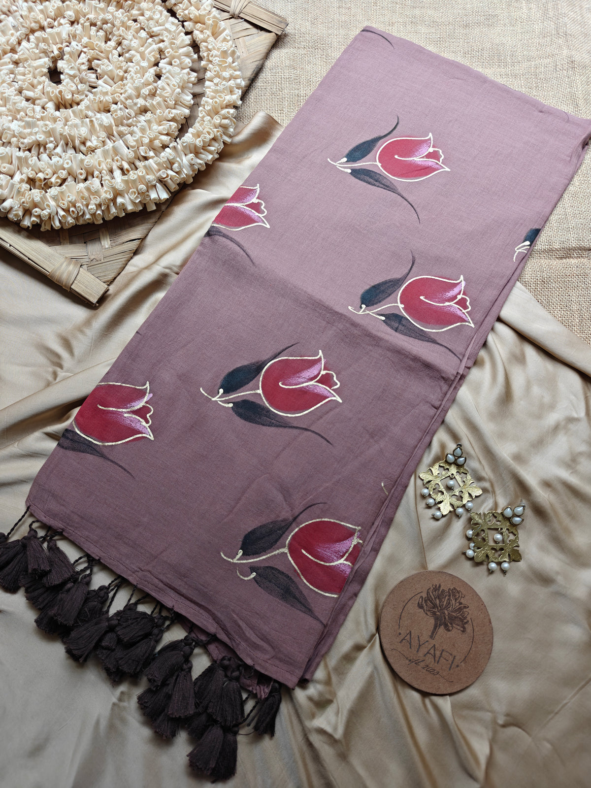 Choco Cinnamon Tulip Bouquet Hand-Painted Saree
