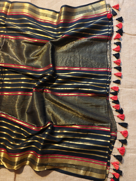 AAROHI - Multicolored Striped Zari Black MulMul Cotton Saree