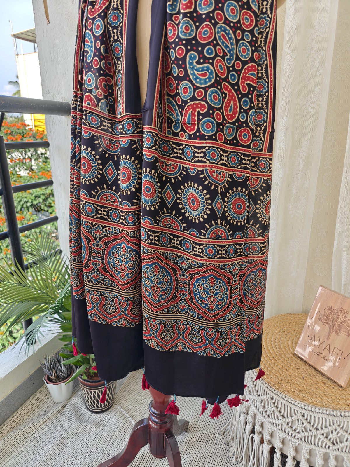 Black Handblock Printed Modal Ajrakh Stole