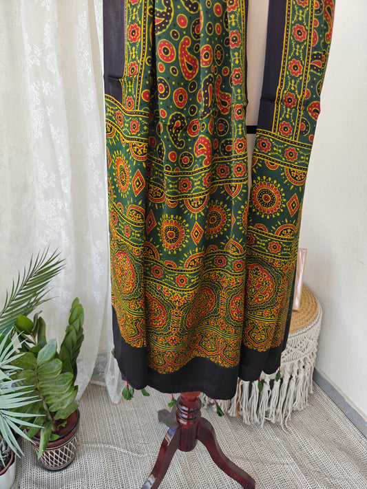 Green Handblock Printed Modal Ajrakh Stole
