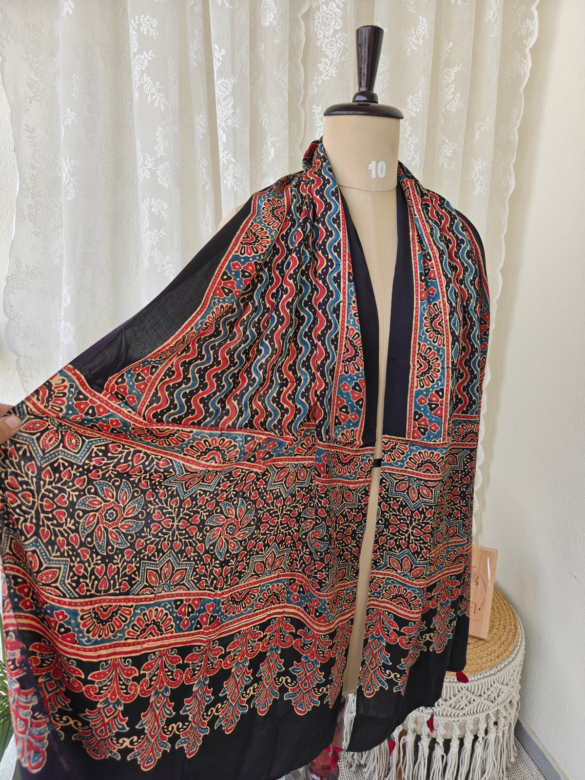 Black Handblock Printed Modal Ajrakh Stole