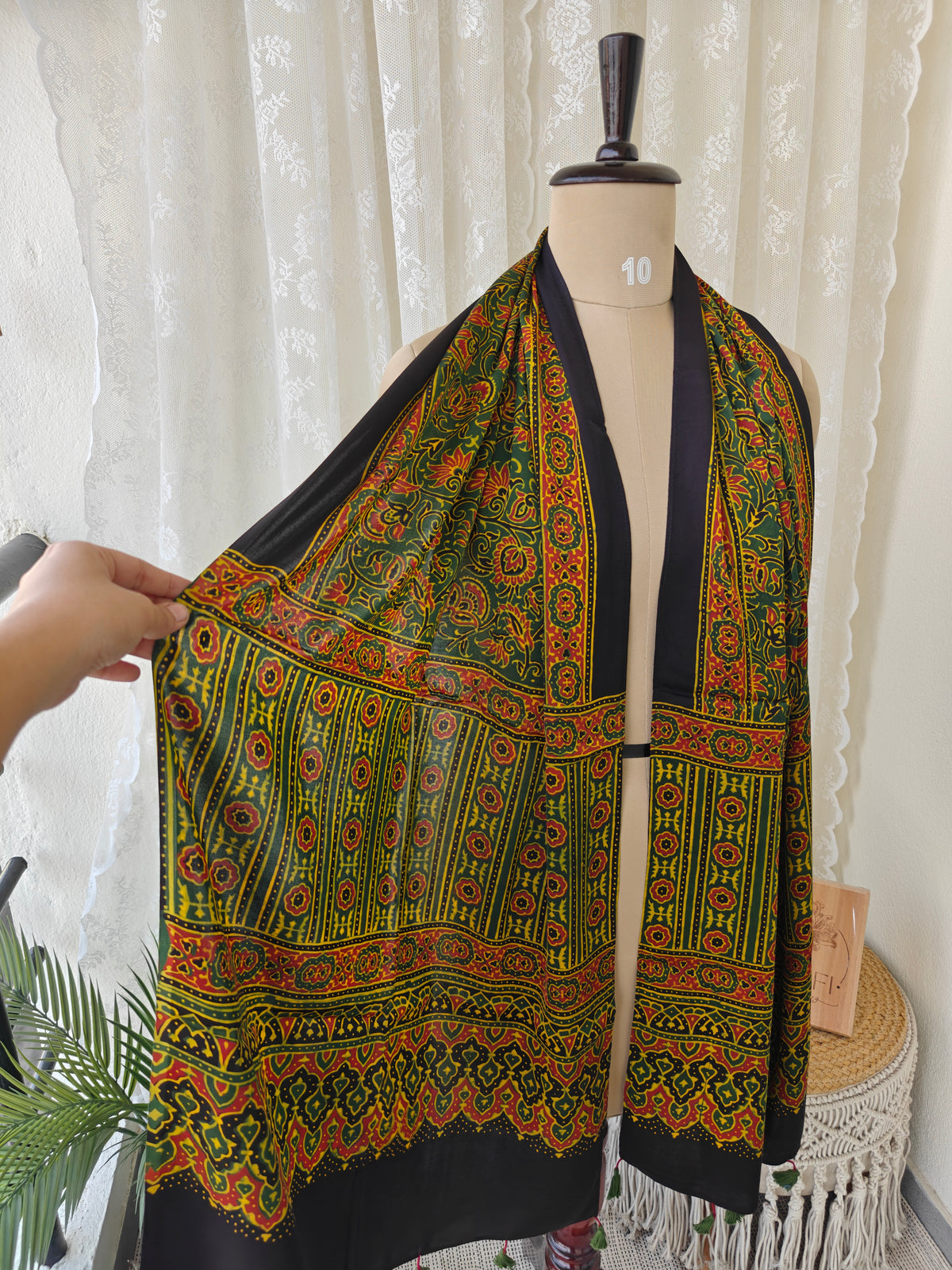 Green Handblock Printed Modal Ajrakh Stole