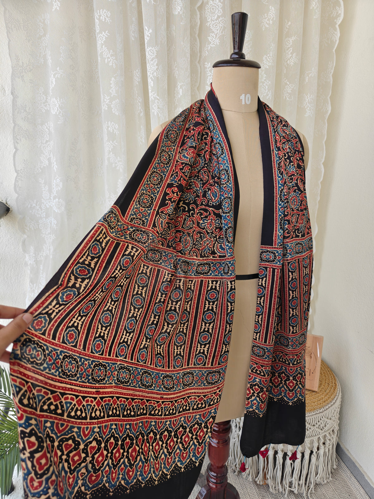 Black Handblock Printed Modal Ajrakh Stole