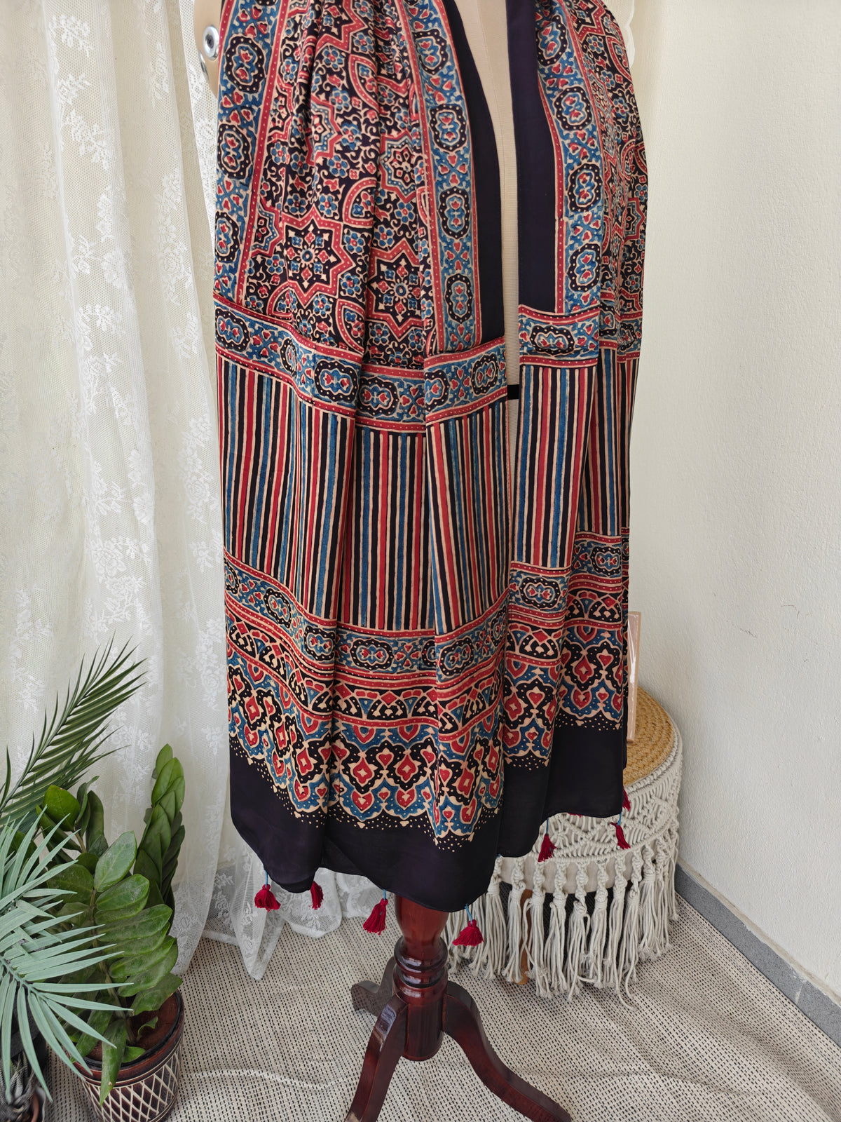 Black Handblock Printed Modal Ajrakh Stole