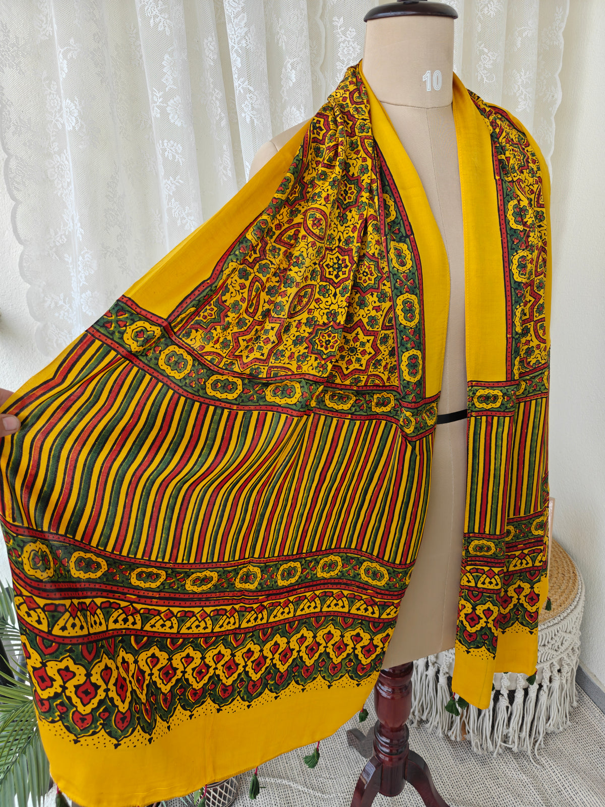 Yellow Handblock Printed Modal Ajrakh Stole