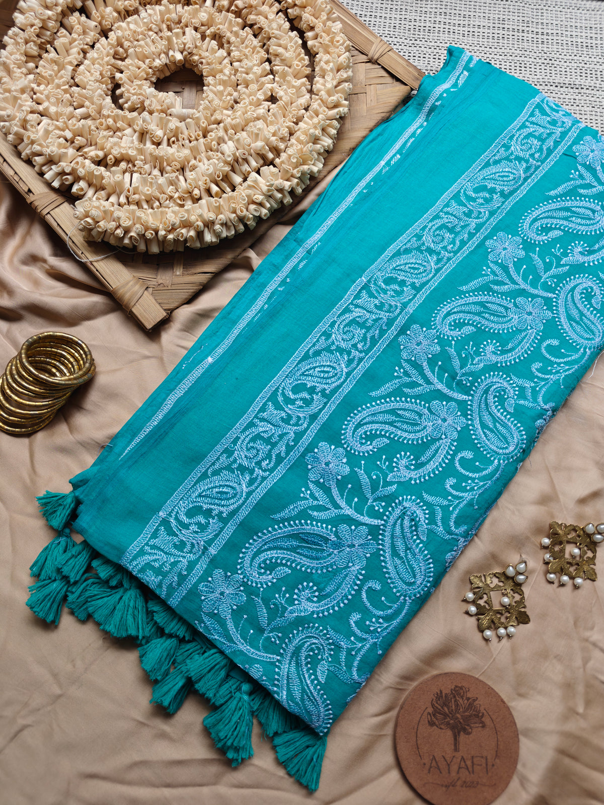 Cyan Paisley Embroidery Mul Cotton Saree