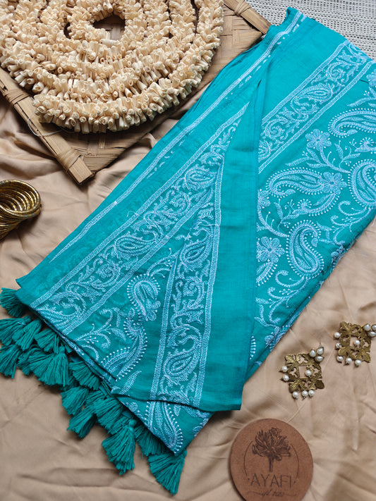 Cyan Paisley Embroidery Mul Cotton Saree