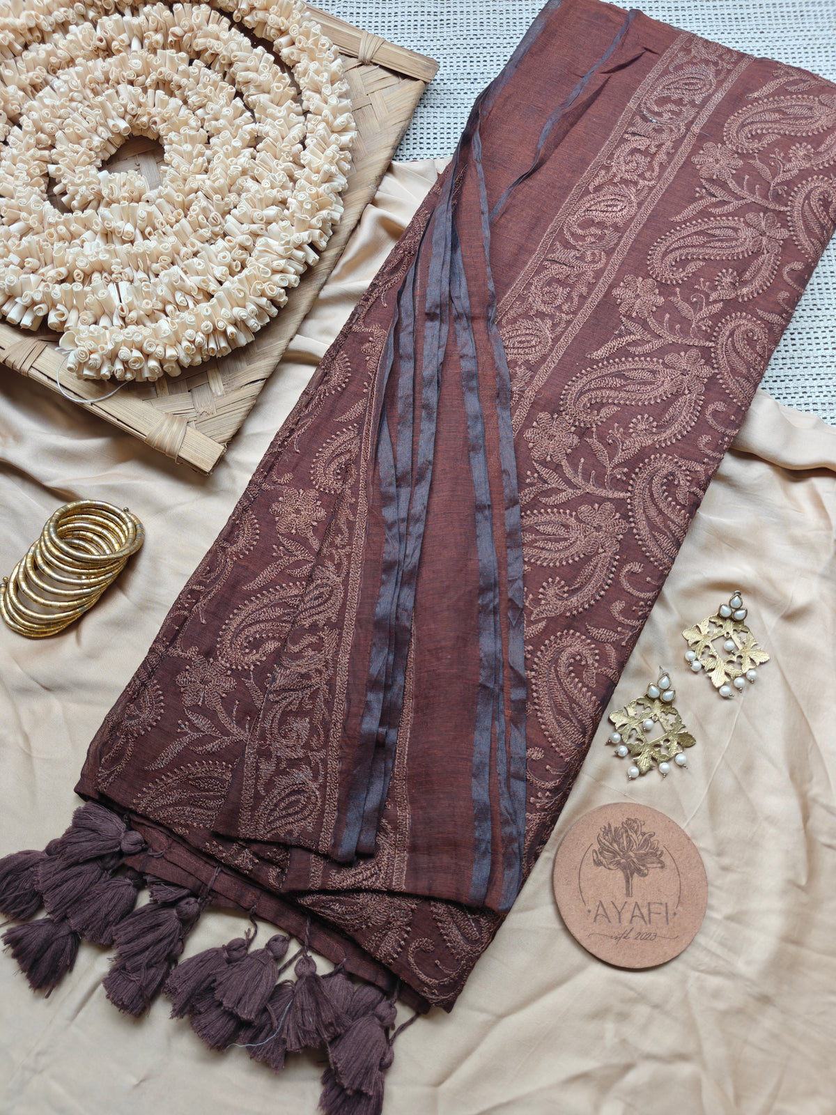 Chocolate Paisley Embroidery Mul Cotton Saree