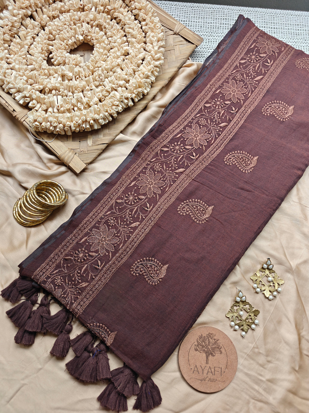 Chocolate Paisley Embroidery Mul Cotton Saree