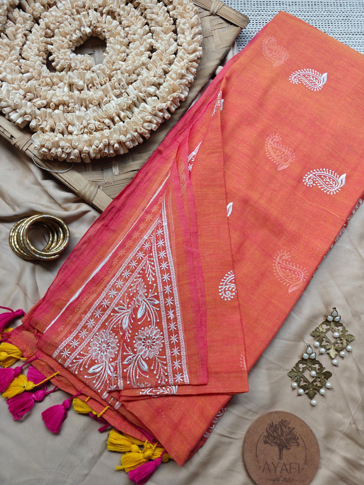 Melon Paisley Embroidery Mul Cotton Saree