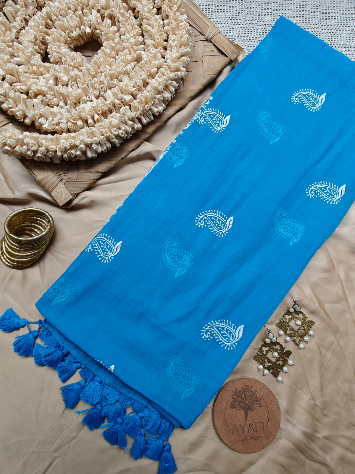 Blue Paisley Embroidery Mul Cotton Saree