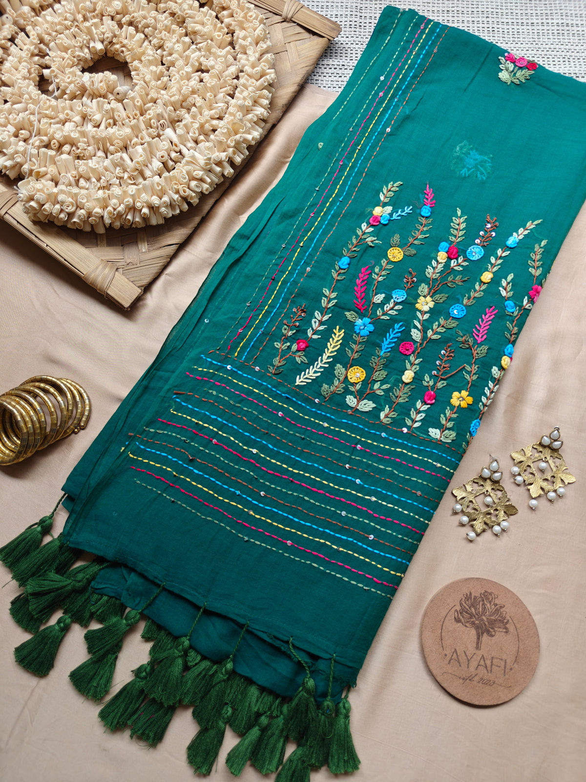 Green Hand-Embroidered Mul Cotton Saree