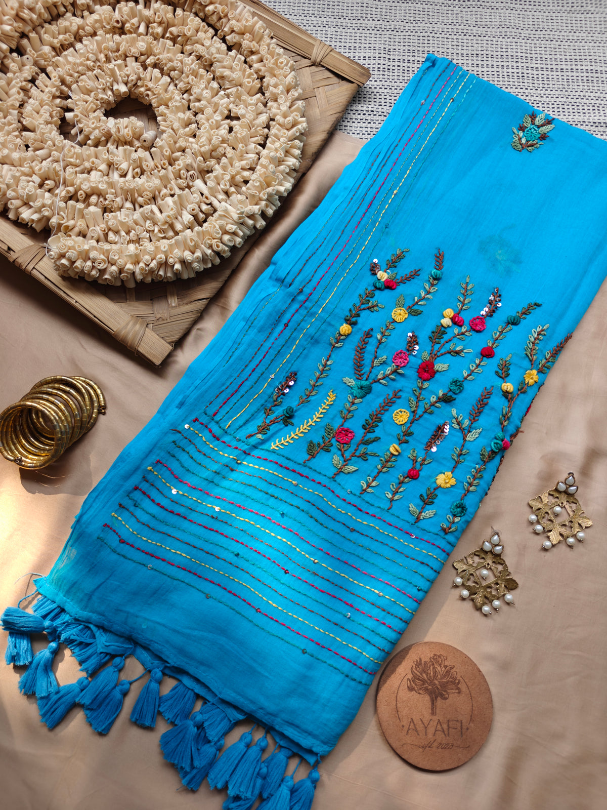 Blue Hand-Embroidered Mul Cotton Saree