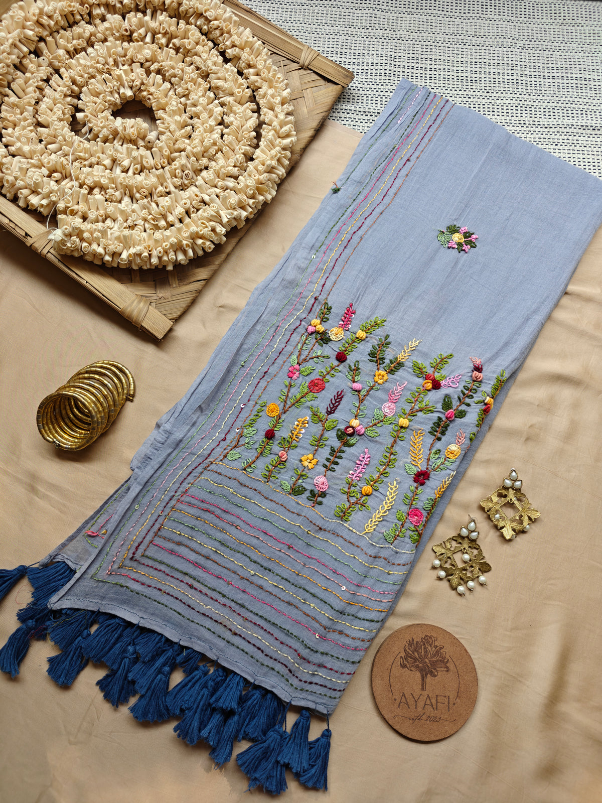Gray Hand-Embroidered Mul Cotton Saree