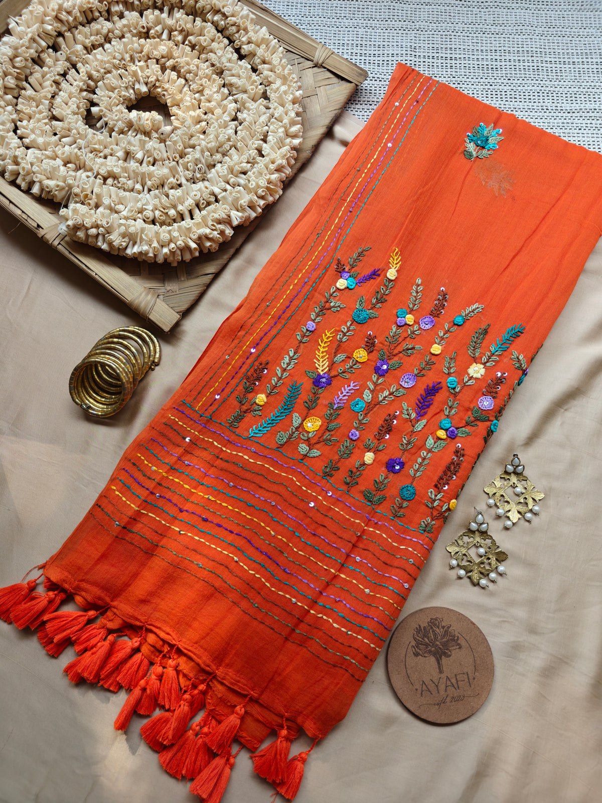 Orange Hand-Embroidered Mul Cotton Saree