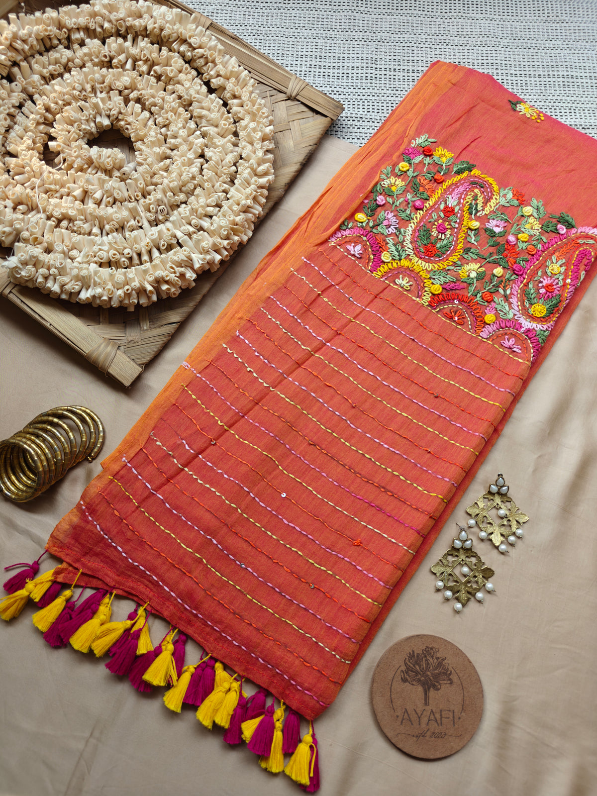 Coral Hand-Embroidered Mul Cotton Saree
