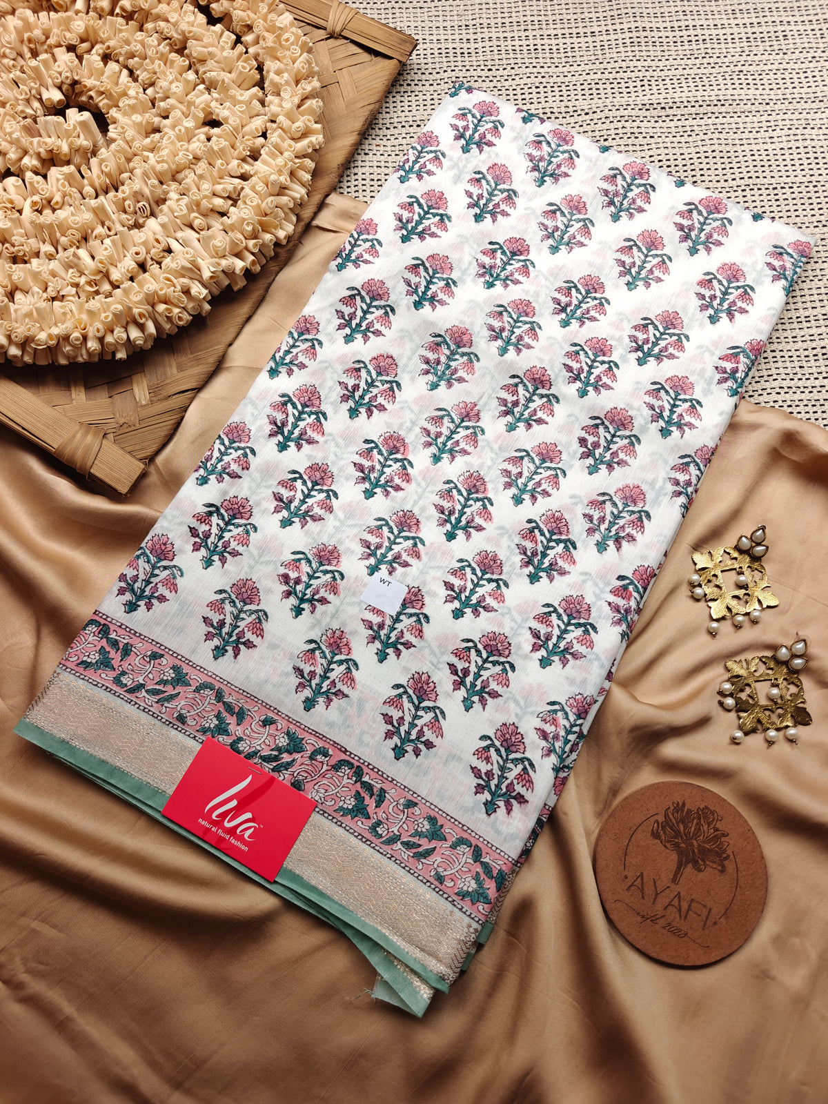 Office White Sanganeri Handblock Printed Maheshwari LIVA Saree