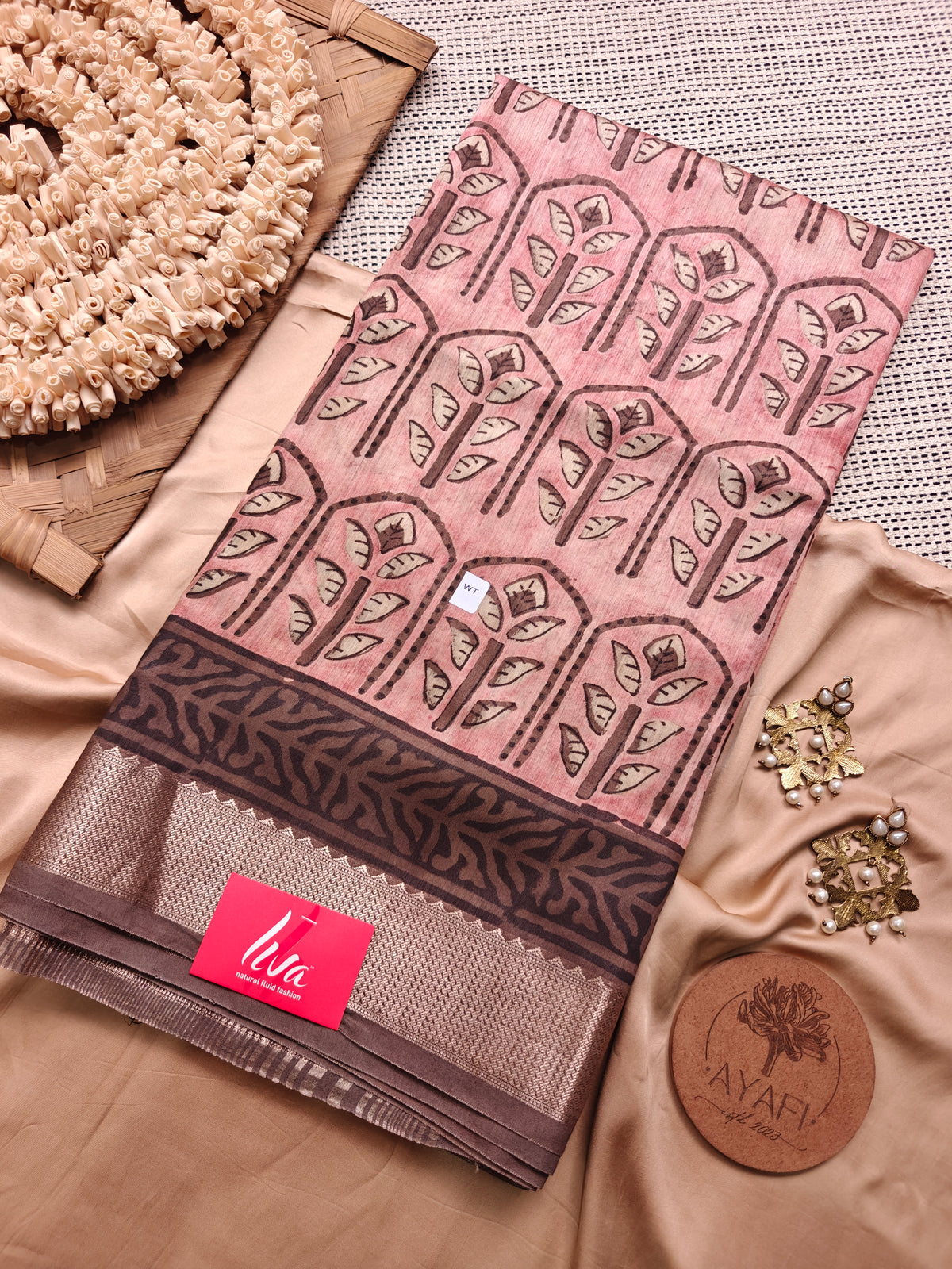 Dusty Pink Multani Ajrak Handblock Printed Maheshwari LIVA Saree