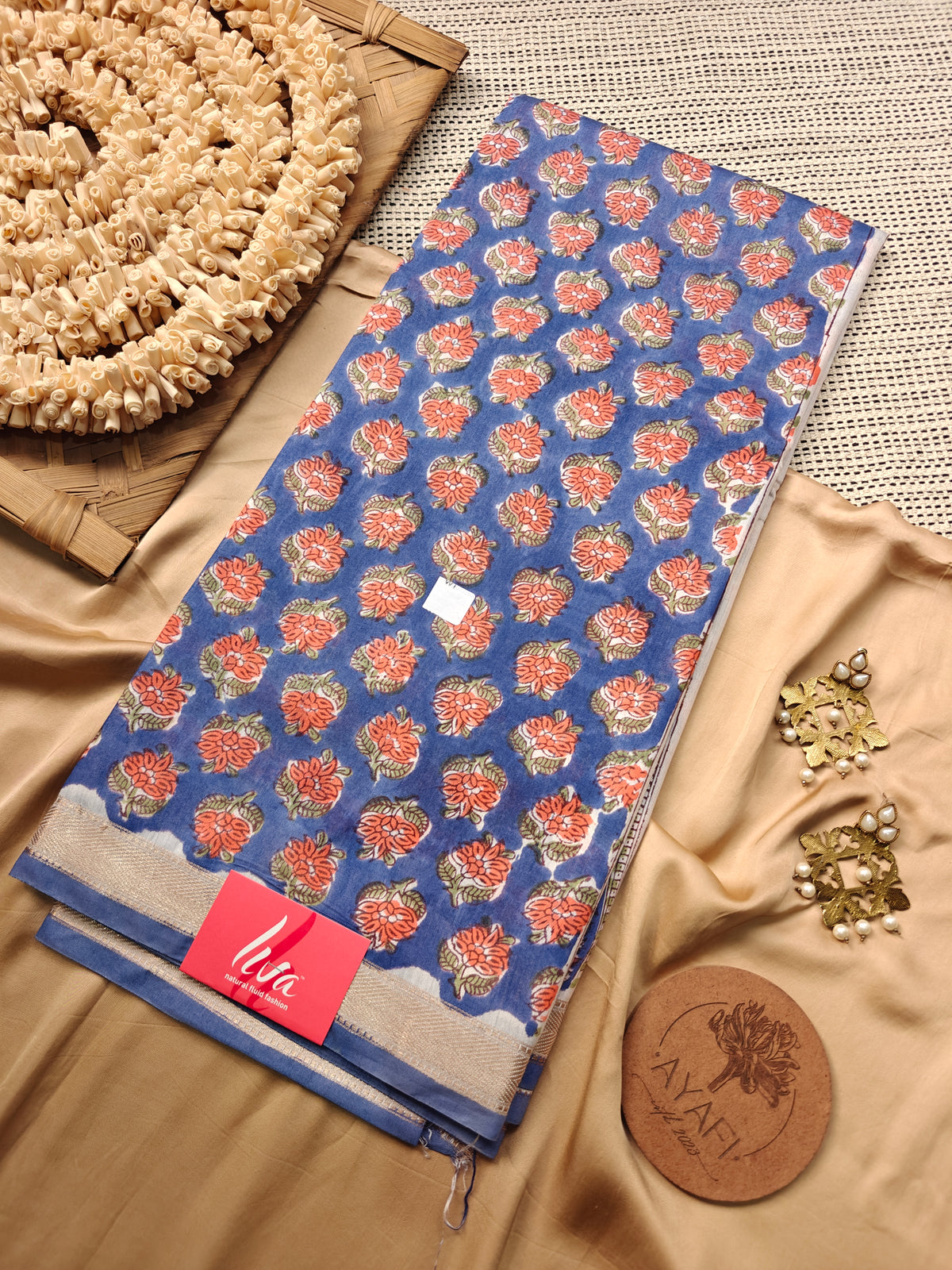 Blue Sanganeri Handblock Printed Maheshwari LIVA Saree