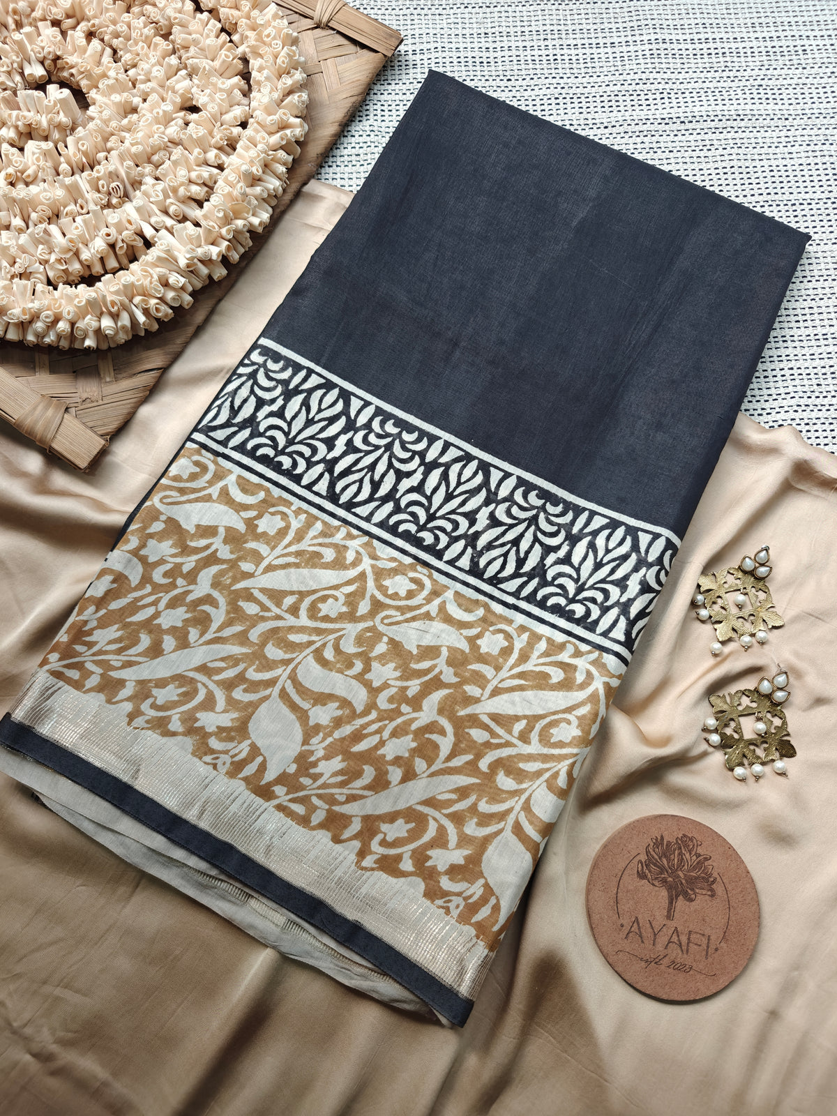 Black Yellow Bagru Pothai Handblock Printed Maheshwari LIVA Saree